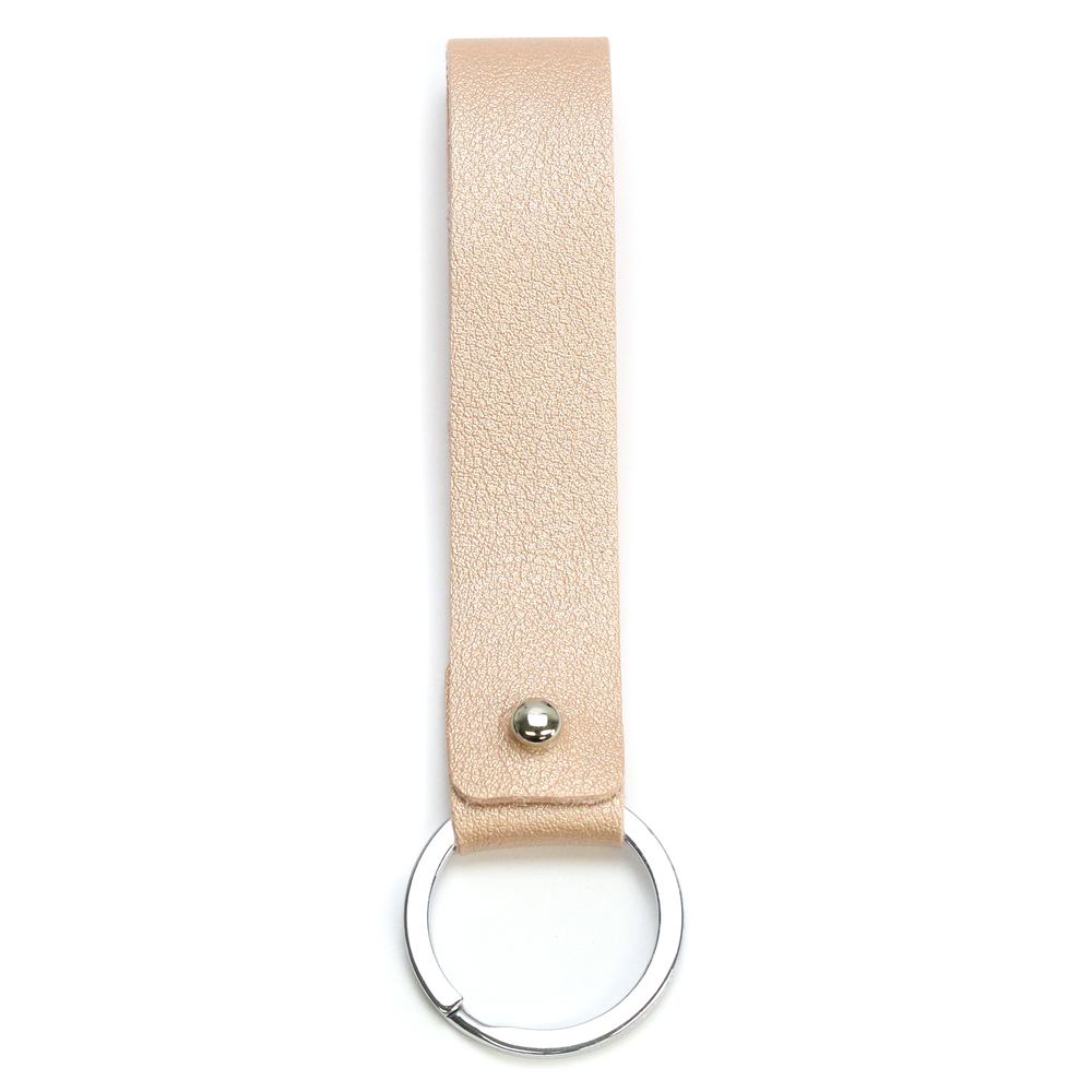 Rivets and Findings Base Metal Key Ring with Champagne Color Faux Leather Strap